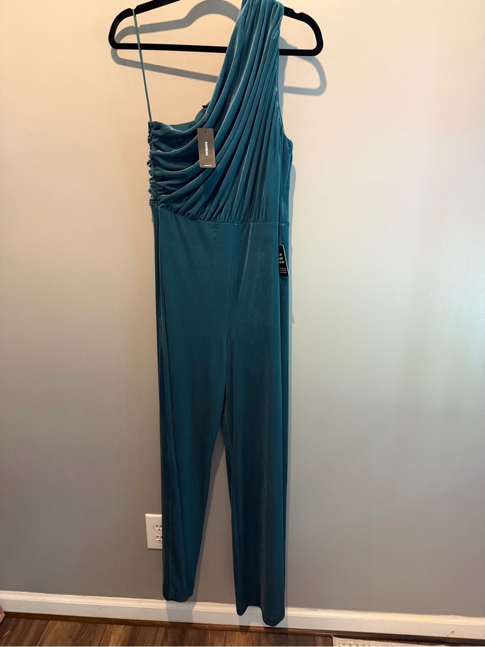 Express Teal One-Shoulder Draped Jumpsuit